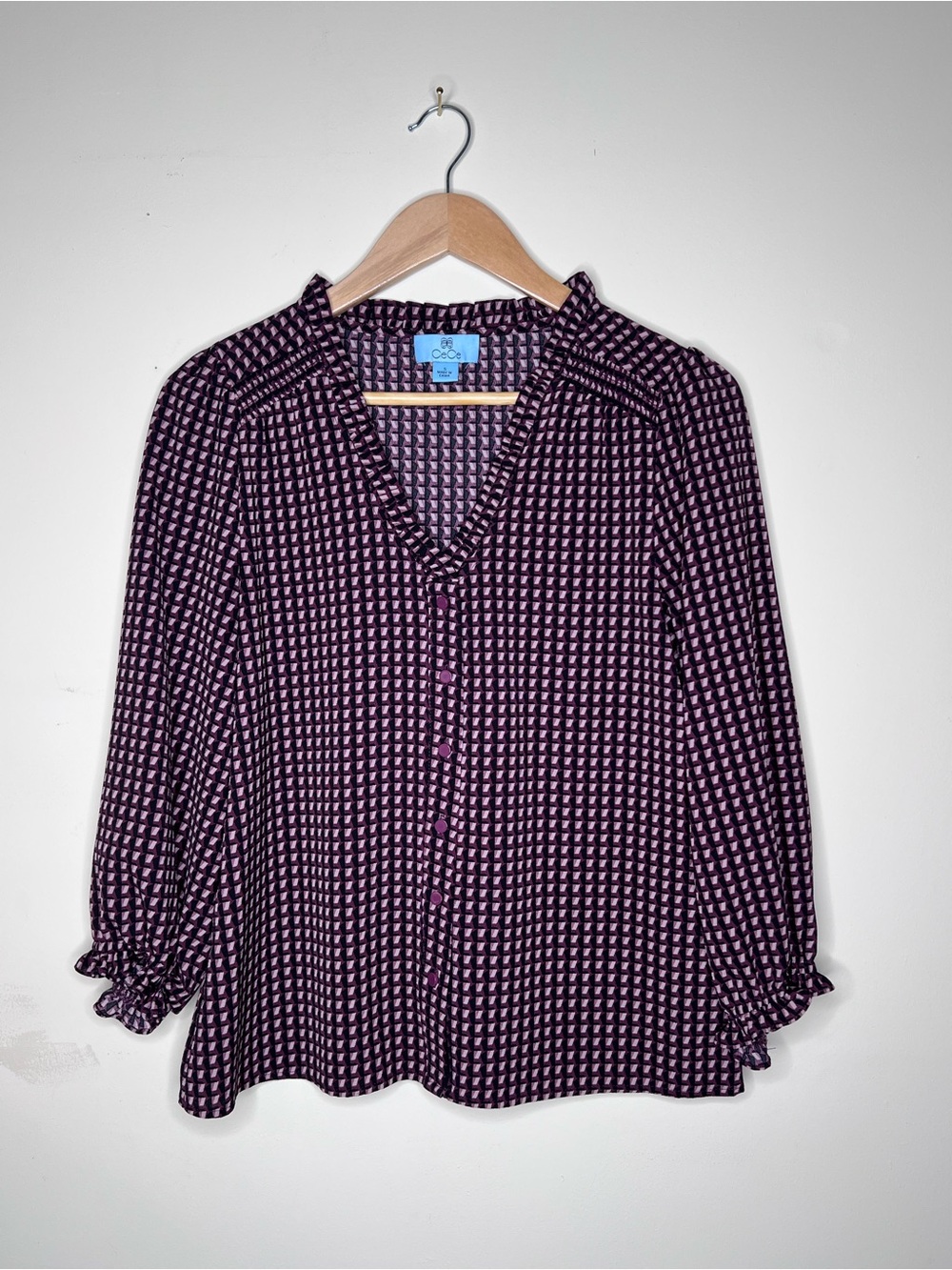 CeCe Purple and Pink Geometric Button-Down Blouse
